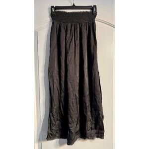 Aerie Maxi Skirt Womens XS Black Smocked Waist Side Slit Frayed Hem Boho